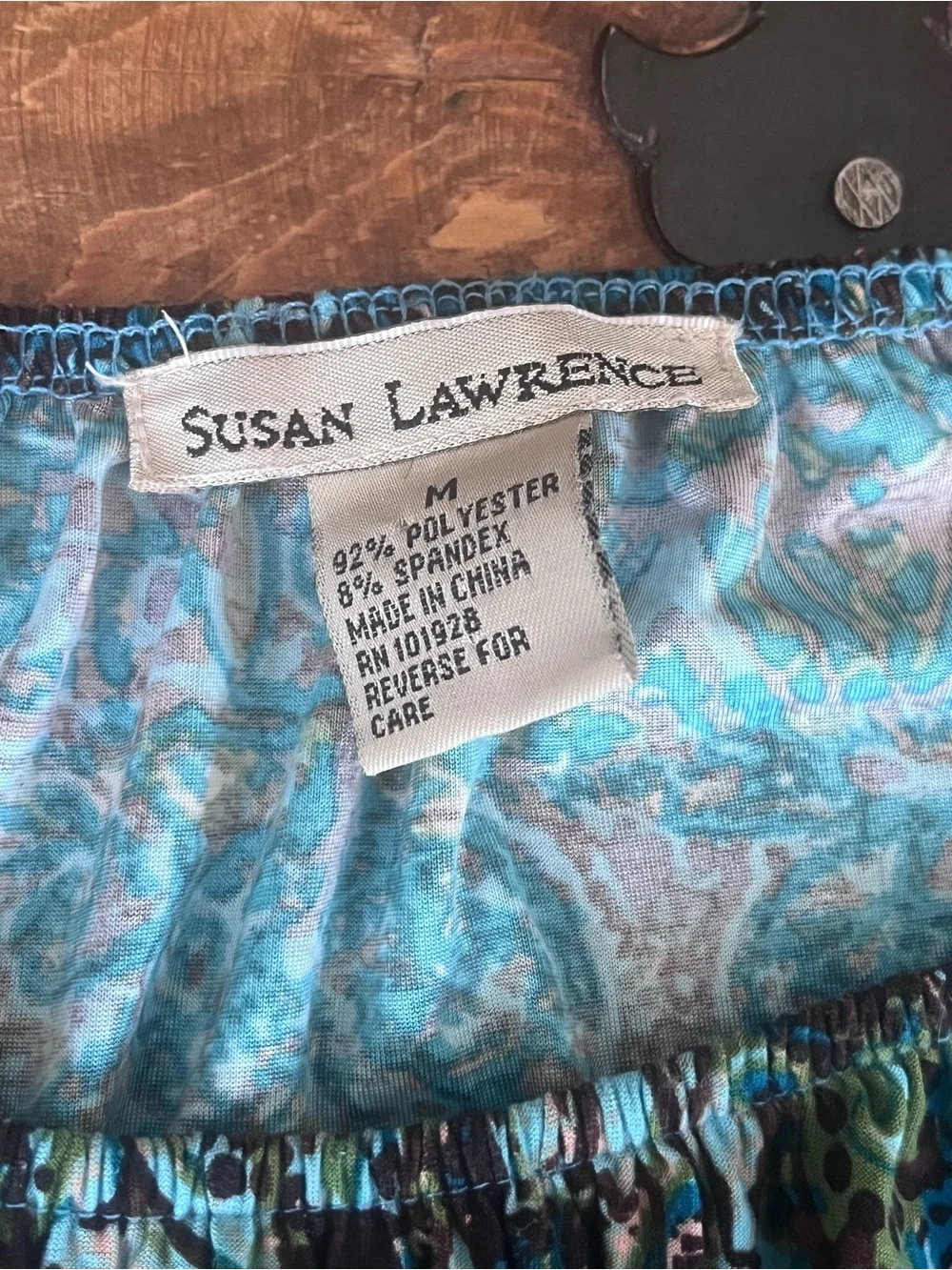 Susan Lawrence Blue Green Black Floral Print Blouse